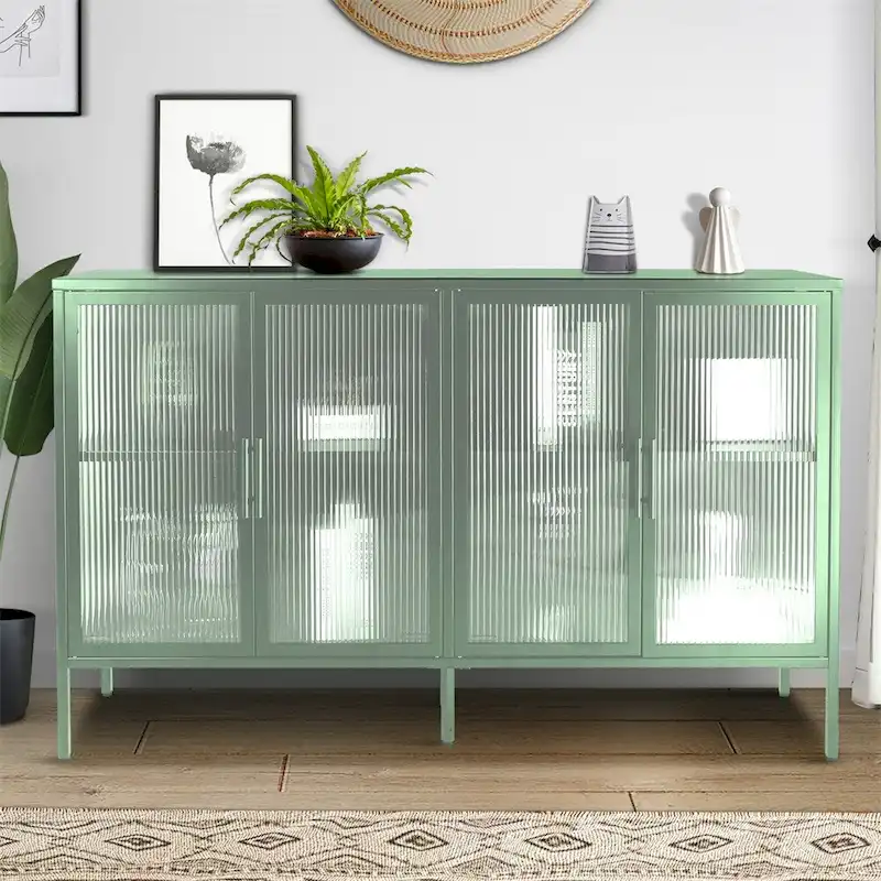 Stylish 4-Door Tempered Glass Cabinet, 4 Glass Doors Adjustable Shelf
