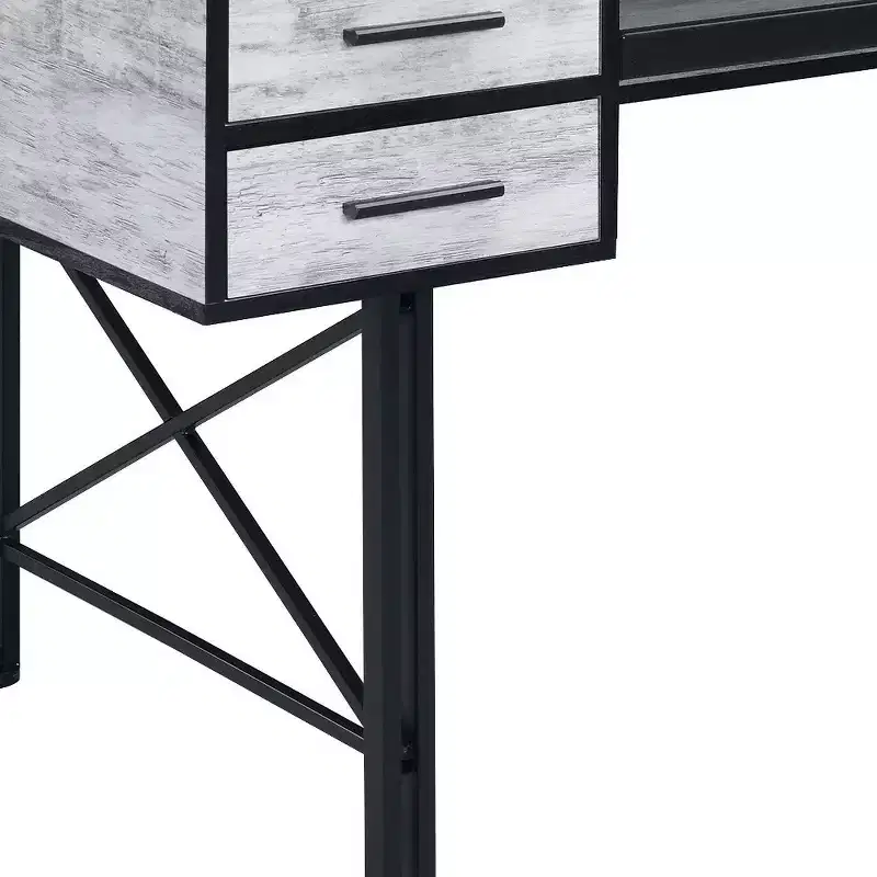 HomeRoots 59 Antiqued White and Black Computer Desk With Five Drawers