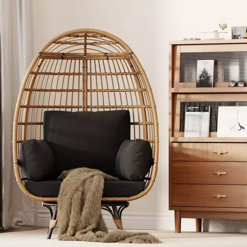 Swivel Egg Chair with Rattan Frame and Upholstered Cushion