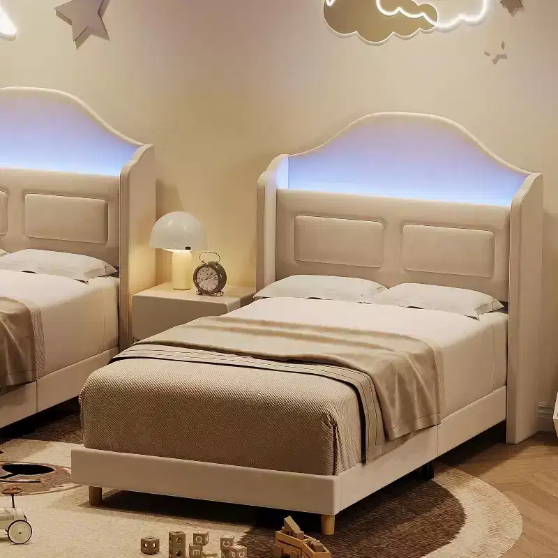 Velvet Upholstered Twin Bed Frame with Wingback Storage Headboard, LED Lights, Wood Slat Support, No Box Spring Required, Platform Design.