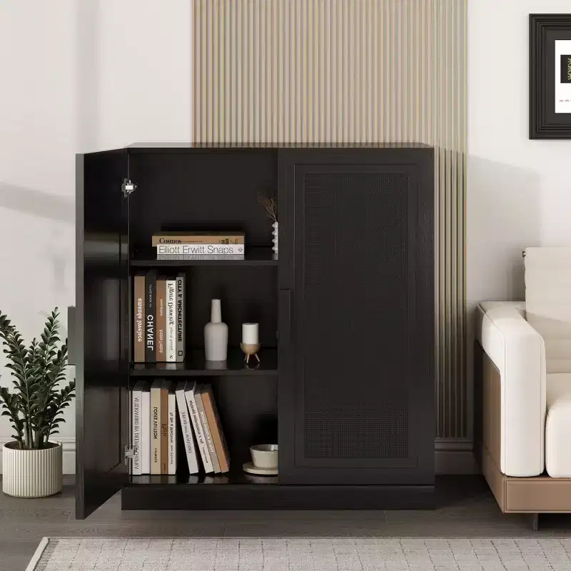 PexFix 36 Modular Sideboard Cabinet with Storage Modern Farmhouse Buffet Cabinet with Rattan Doors for Living Room Kitchen Dining Room Entryway Black