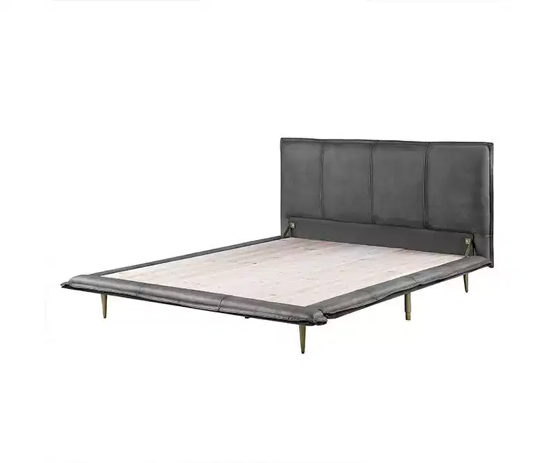 91" Queen Bed Metis Bed Gray Top Grain Leather : Modern Industrial Style, Metal Legs, Plush Upholstery