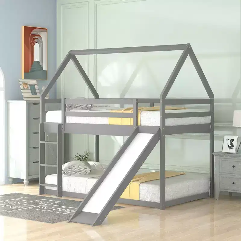 Twin over Twin Floor Bunk Bed, Twin Size House Bunk Bed with Slide, Ladder, Guardrail and Roofs for Girls Boys