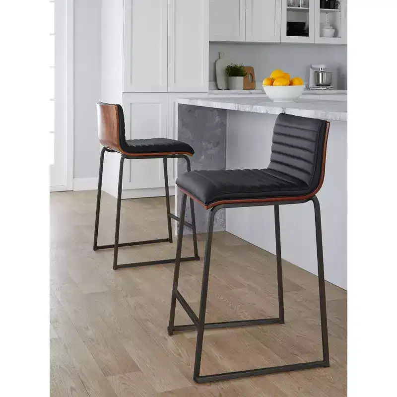 LumiSource Set of 2 26" Mason Mara Counter Height Barstools Black Walnut Wood/Black PU Leather