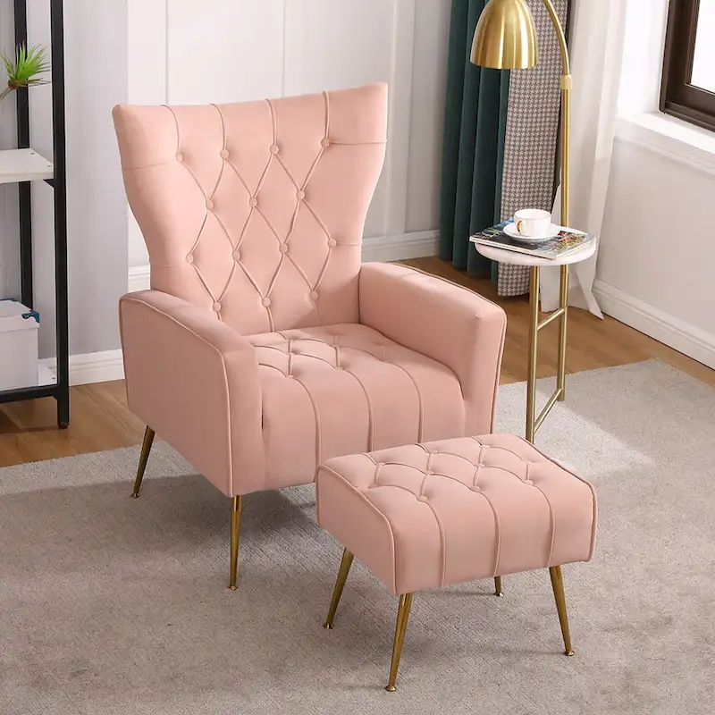 Upholstered Wingback Chair with Ottoman