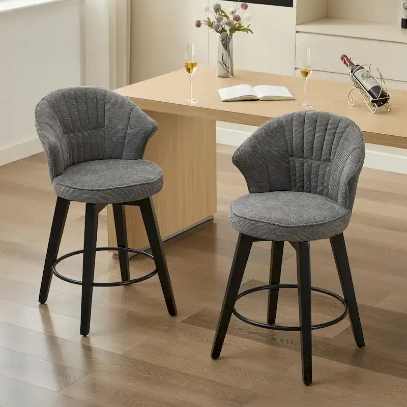 White / Blue / Dark Grey Swivel Bar Stools, Set of 2, Chenille Cushioned Counter Height Chairs with Metal Legs