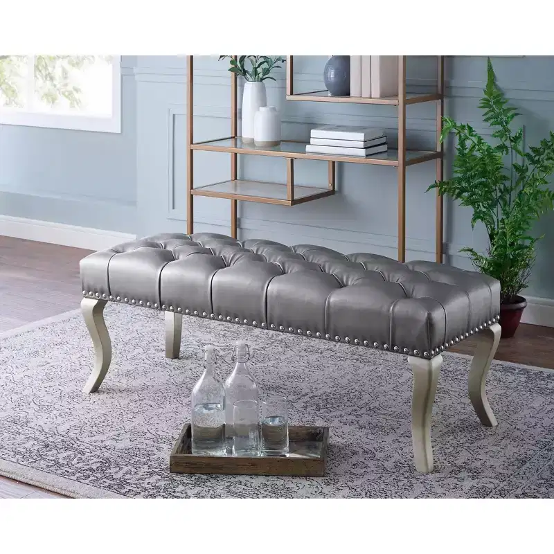 Tufted Faux Leather Ottoman Bench – Champagne, Nailhead Trim, Hardwood Frame, 48 in