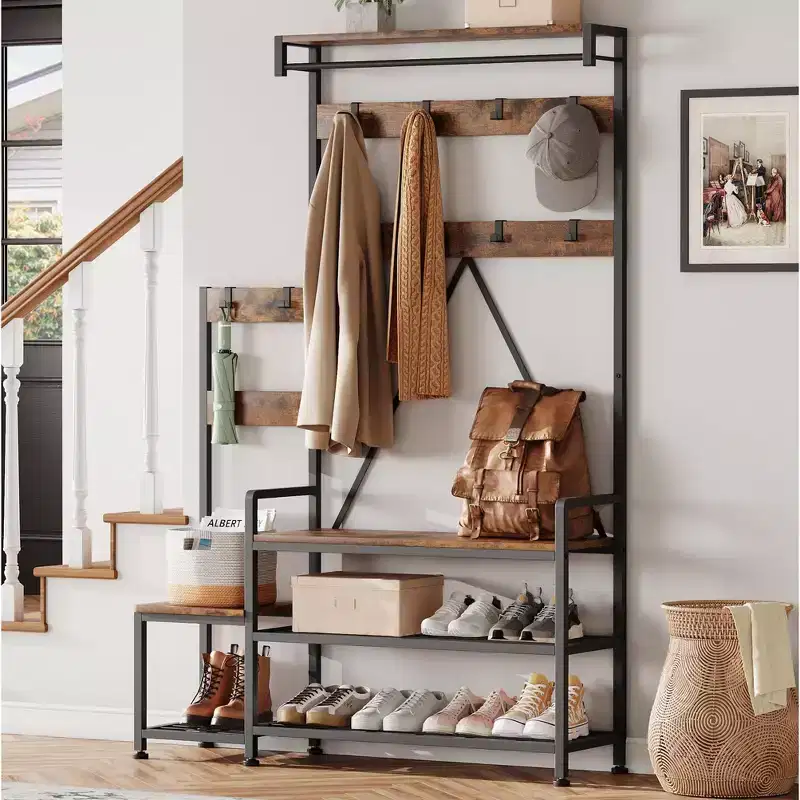 Parent-Child Coat Rack Shoe Bench Industrial Hall Tree with Bench and Shoe Storage Coat Tree Entryway Large Organizer with Shoe Rack, Storage Cubbies
