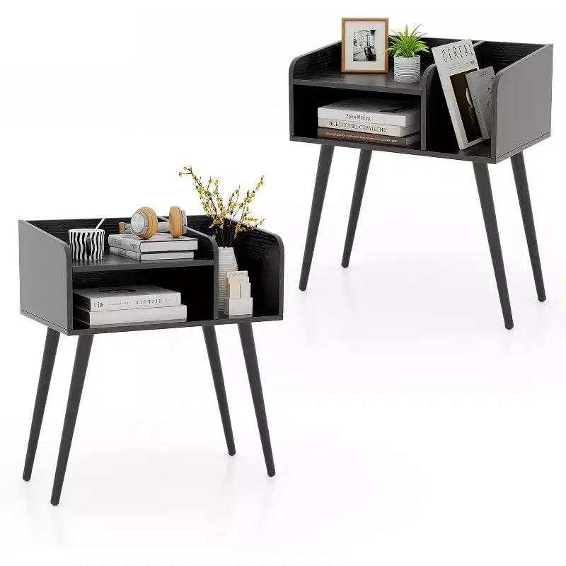 Costway Set of 2 Mid Century Modern End Table w/ Open Shelves Metal Support Legs