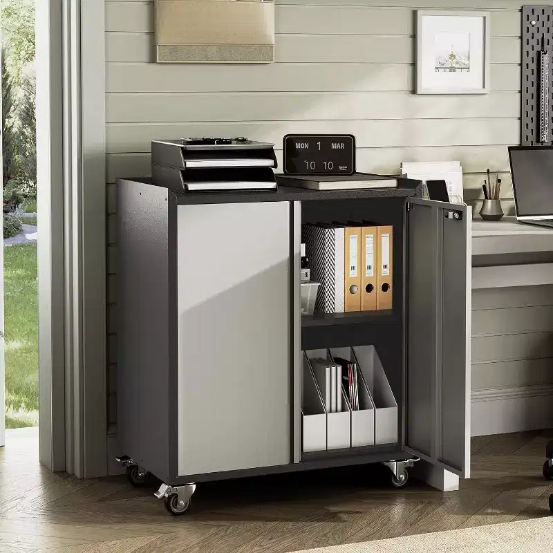 35.43H Locking Metal Cabinet with Door - Rolling Garage Storage with Shelves & Top Workbench (Fence Design) for Garage, Home, Office