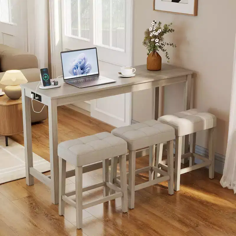 Costway 4PCS Bar Table Set w/Charging Station 3 Padded Stools for Living Room Kitchen