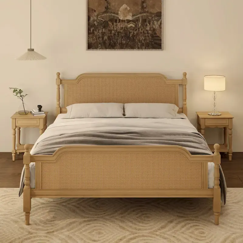 Traditional Platform Bed with Rattan Headboard & Footboard – Solid Pine, King/Queen