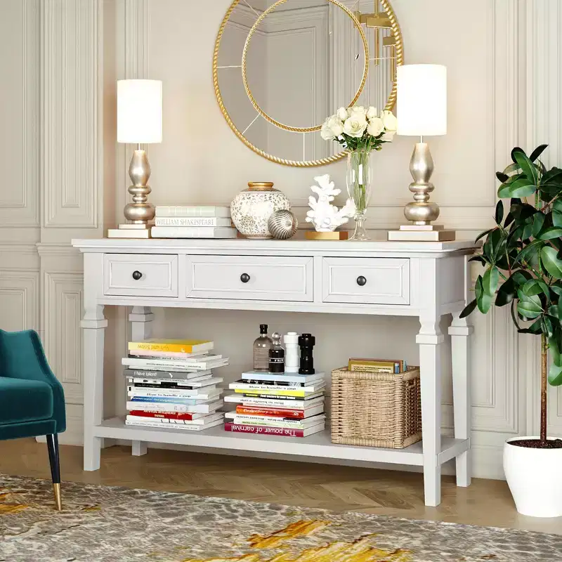 Vintage Console Table with Storage, Narrow Entryway Table with Drawers, Farmhouse Hallway Table with Open Shelf