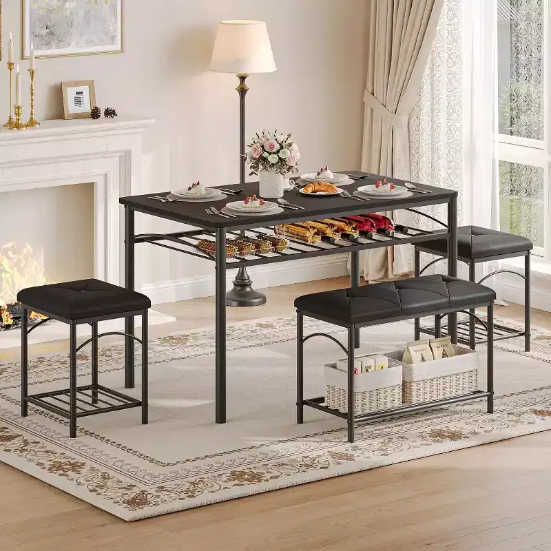 Dining Table Set for 4, Kitchen Table with Upholstered Bench and 2 Stools, with Storage Rack & Metal Frame for Small Space
