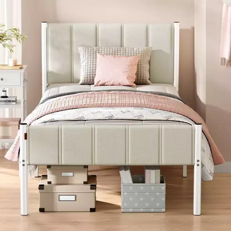 Twin Bed Frame with Upholstered Headboard, Footboard, 550 lb Weight Capacity, Steel Slats, Easy Assembly, No Box Spring Needed
