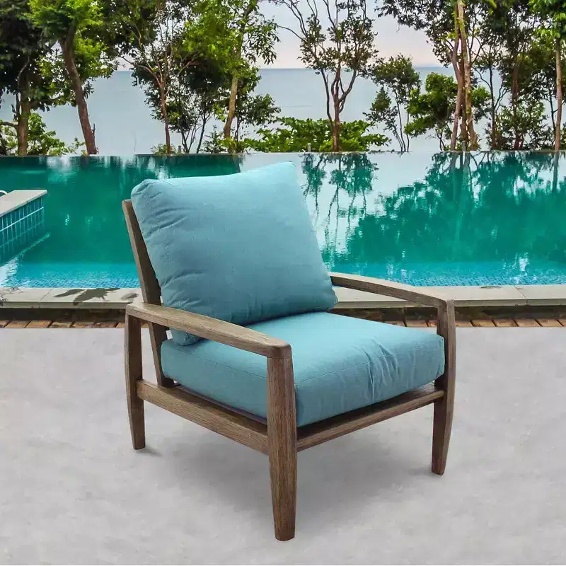 Courtyard Casual Avalon FSC Teak Lounge chair, Teak in Heather Gray finish Sling deck under cushion for comfort Sunbrella Fabric
