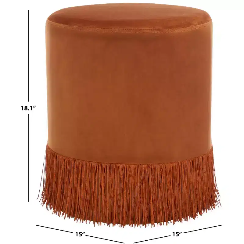 Ivory / Rust Round Velvet Ottoman with Tassel, Seats 1