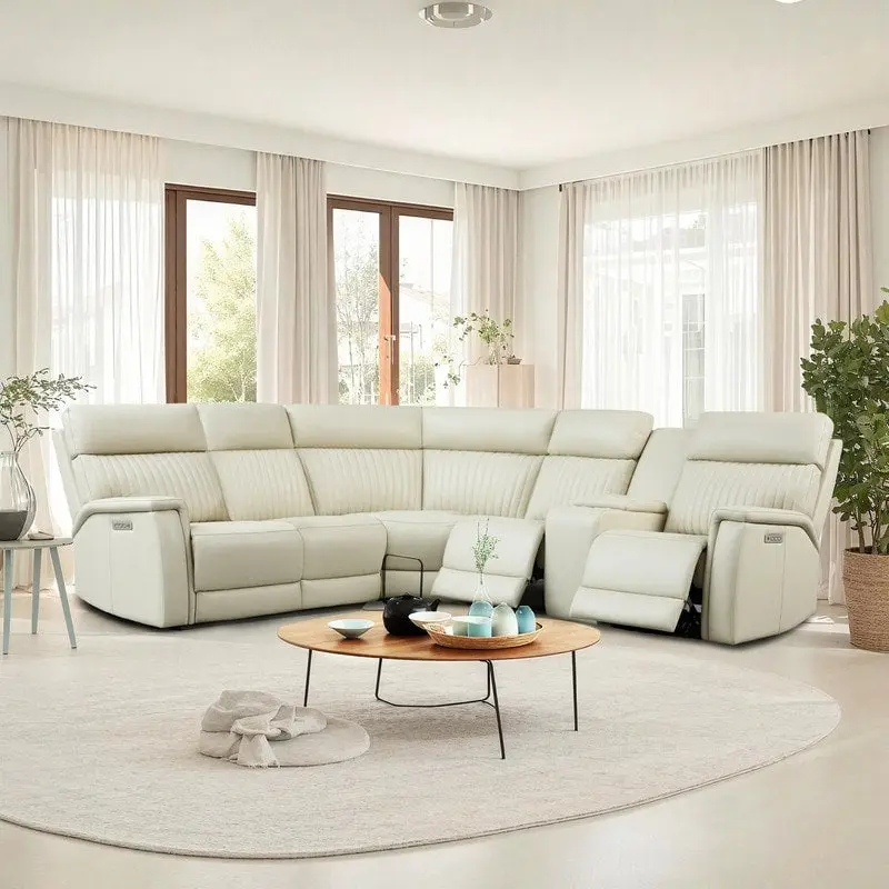 Genuine Leather Power Recliner Sectional Sofa with Console, Ajustable Headrest, USB&USB-C Port, 1 Power Armlesschair