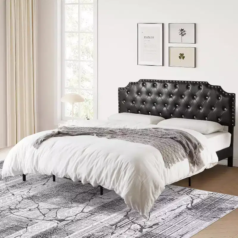 King Platform Bed Frame, Black Upholstered, Button Tufted Headboard, 6in Underbed Storage, Wooden Slats, No Box Spring, Easy Assembly