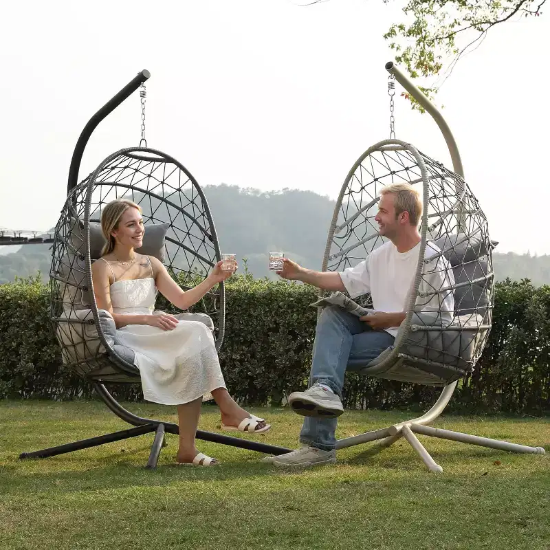 Heynemo Hanging Egg Chair Outdoor Swing Chair with Stand, Hammock Chair Indoor, Patio Boho Wicker Hanging Chair with Stand 350lbs Capacity
