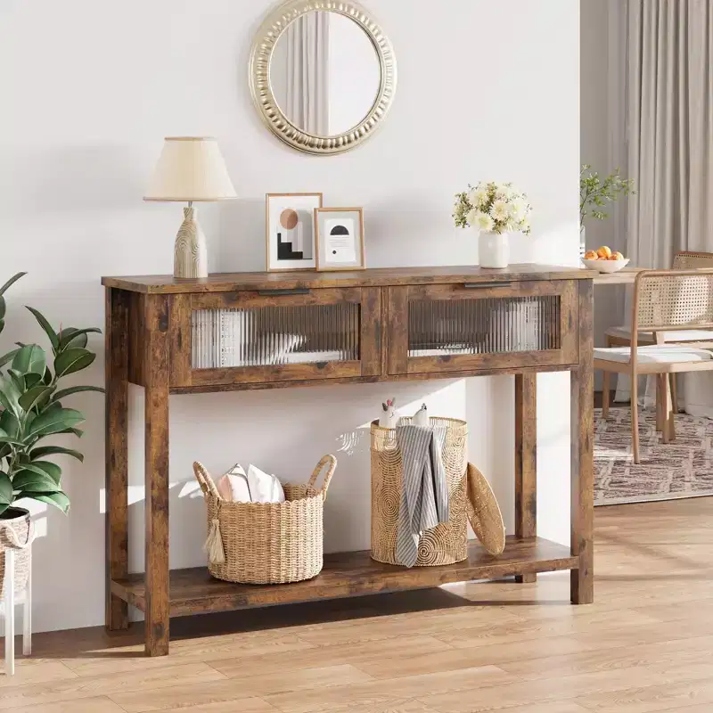 2-Tier Wood Console Table with 2 Glass Drawers, 43.3 Entryway Sofa Table Storage for Living Room, Foyer & Hallway, Retro Brown