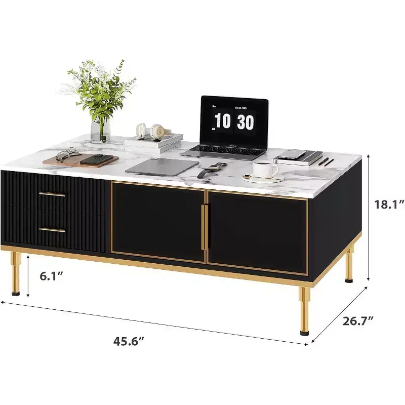 Acekool Faux Marble Coffee Table, Rectangle Fluted Cocktail Table with 4 Drawers, 4 Glass Doors, Modern Wooden Center Table with Metal Legs