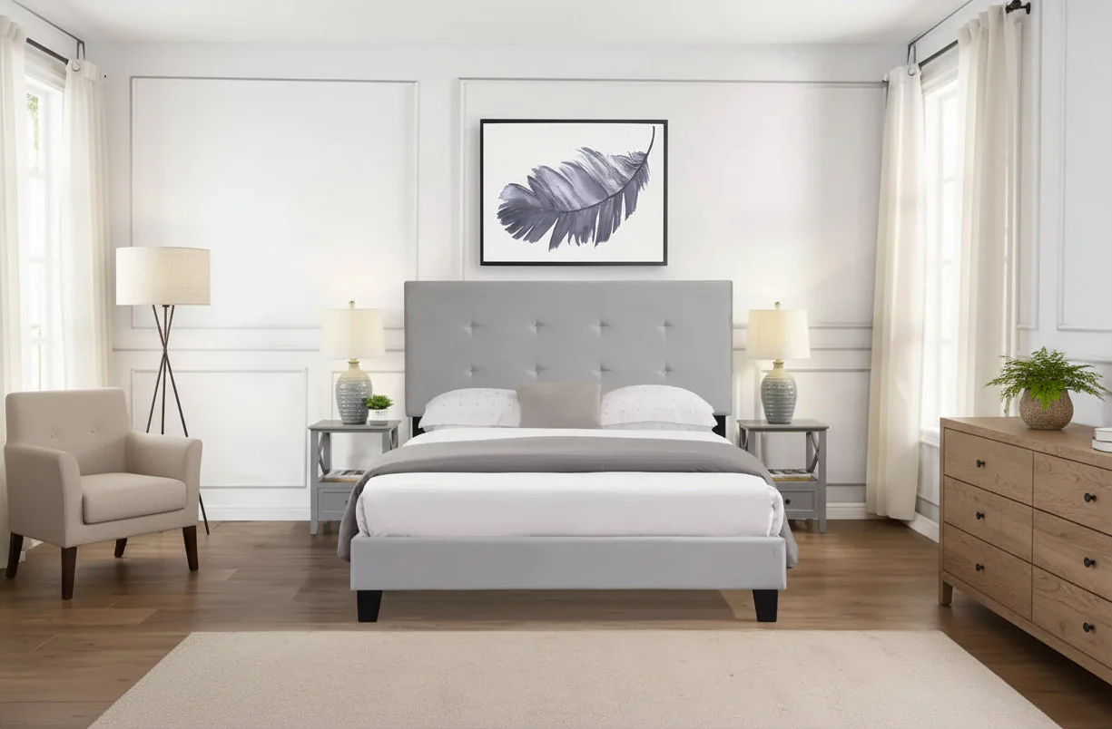 Full Bed Frame with Pull Point Tufted Headboard, Upholstered Platform Bed with Wood Slat Support, Gray