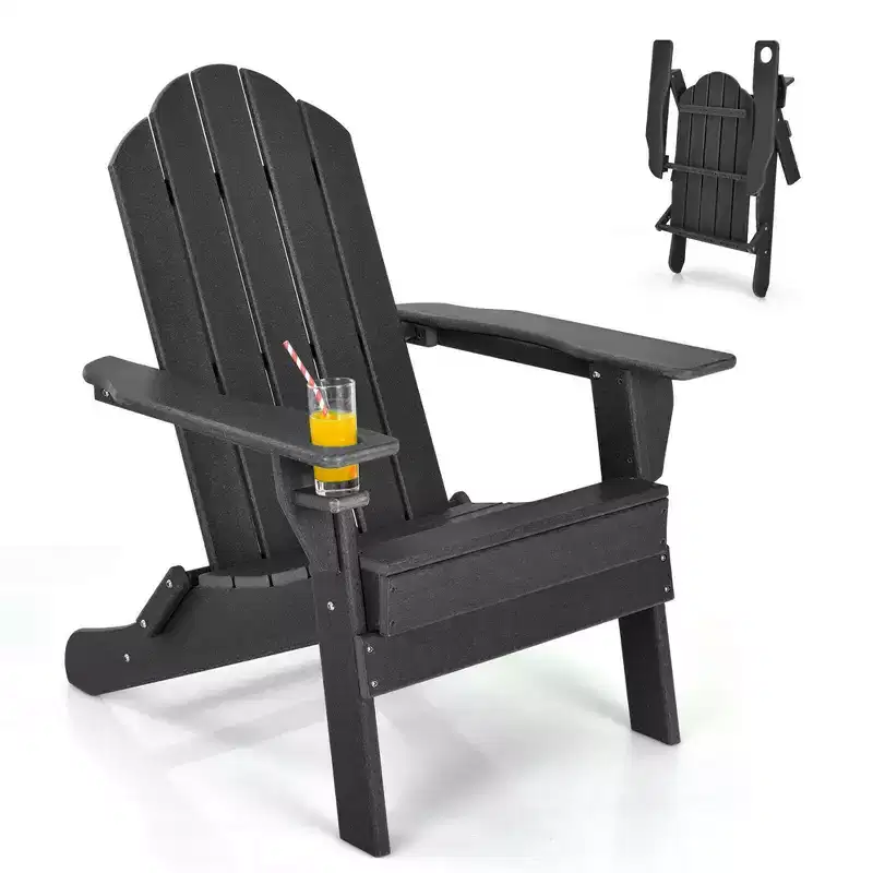 Costway Patio Folding Adirondack Chair Weather Resistant Cup Holder Yard