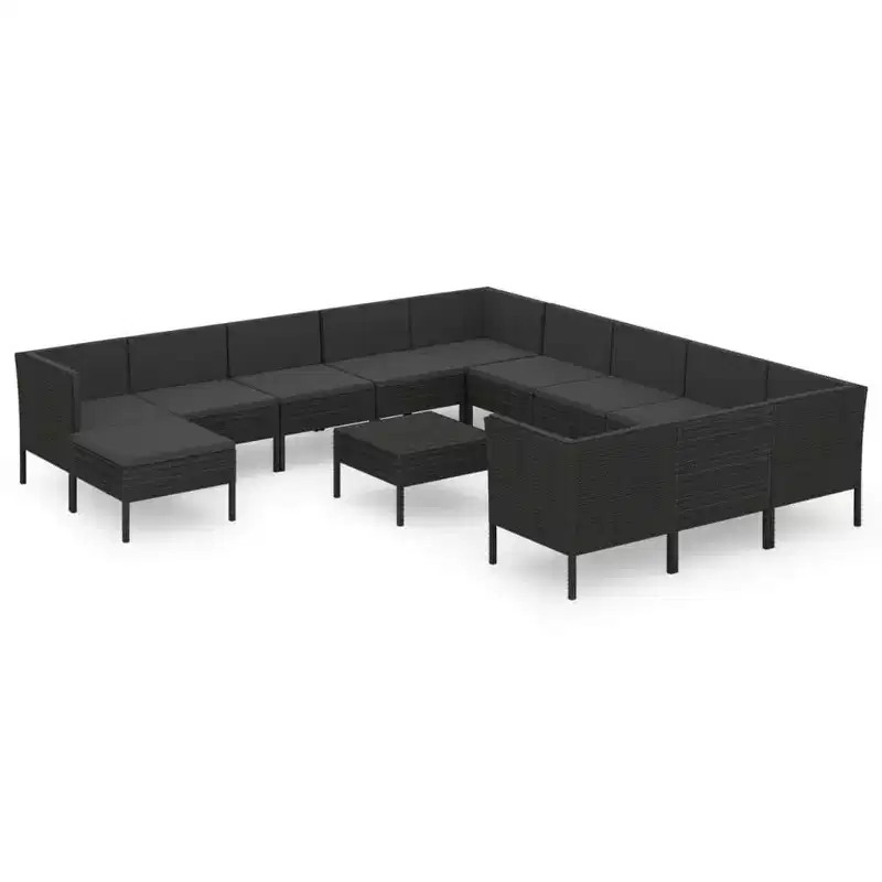 vidaXL 13 Piece Outdoor Patio Lounge Set with Cushions - Black Poly Rattan Modern Farmhouse Style  Assembly Required