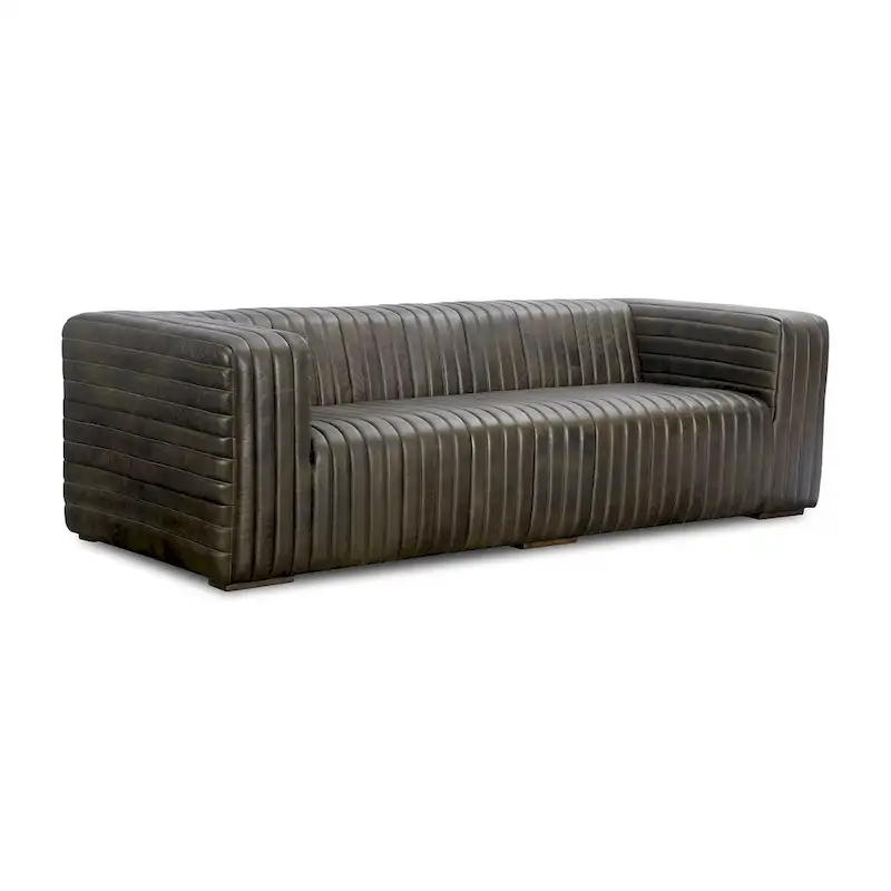 Modern Channel-Stitched Top-Grain Leather Sofa, 3-Seater