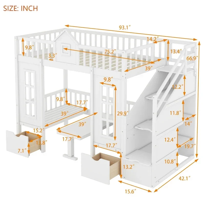 Twin-Over-Twin Bunk Bed with Changeable Table, Bunk Bed Turn into Upper Bed and Down Desk -Gray