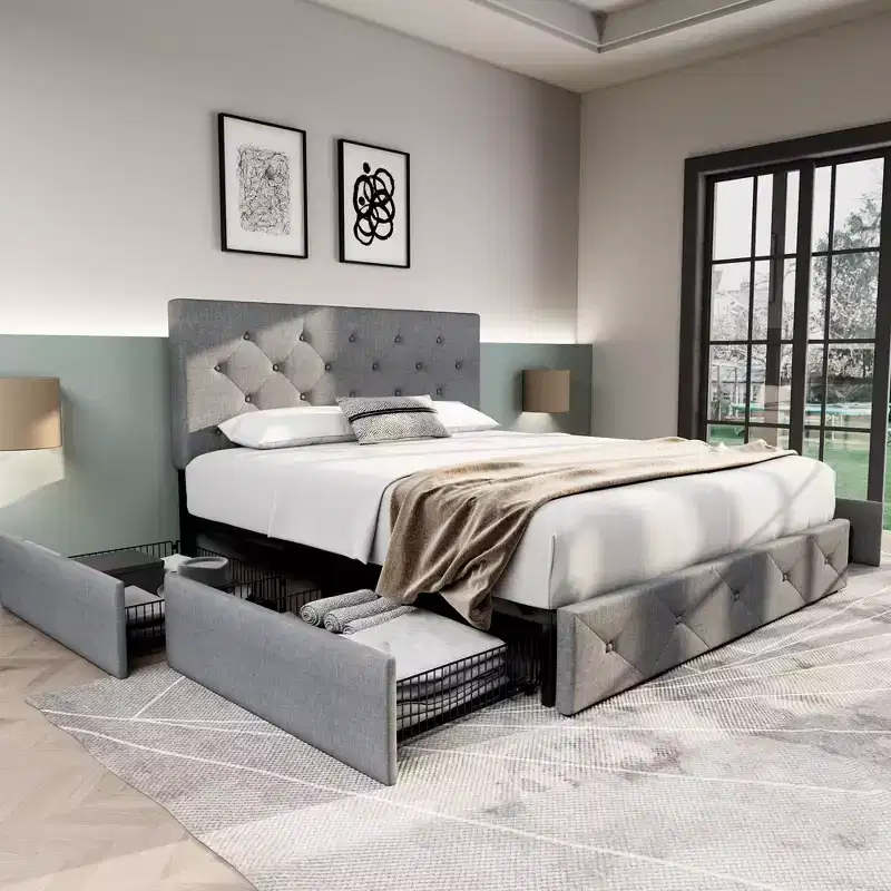 Allewie Upholstered Platform Bed Frame with 4 Storage Drawers, Diamond Stitched Headboard, Wooden Slats, No Box Spring Needed
