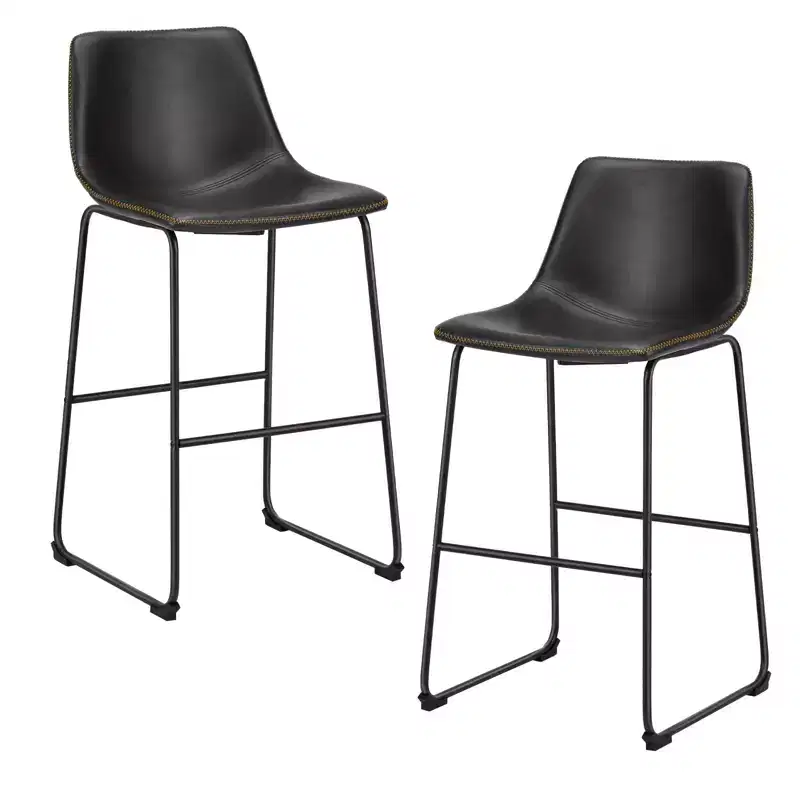 JIONJOY 29 in. Black Metal Frame Bar Stool with Faux Leather Seat Set of 2