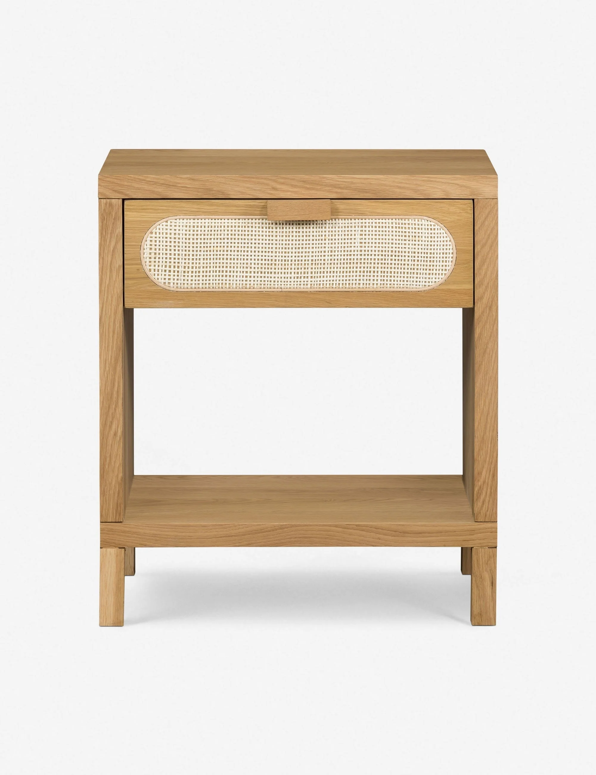 Nightstand This wooden nightstand brings transitional elements to the forefront of your bedroom, thanks to a wicker caned oval on the single drawer