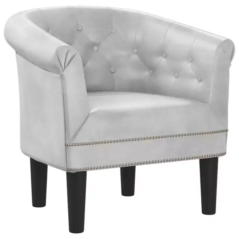 Stylish Tub Chair - Single, Silver Faux Leather, Foam, Pinewood & Plywood for Living Room or Office