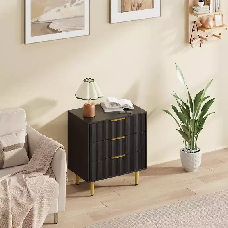 3 Drawer Dresser for Bedroom, 28W Fluted Chest of Drawers with Gold Handles, Wooden Dresser Narrow Nightstand, Clothes Storage Organizer for Bedroom