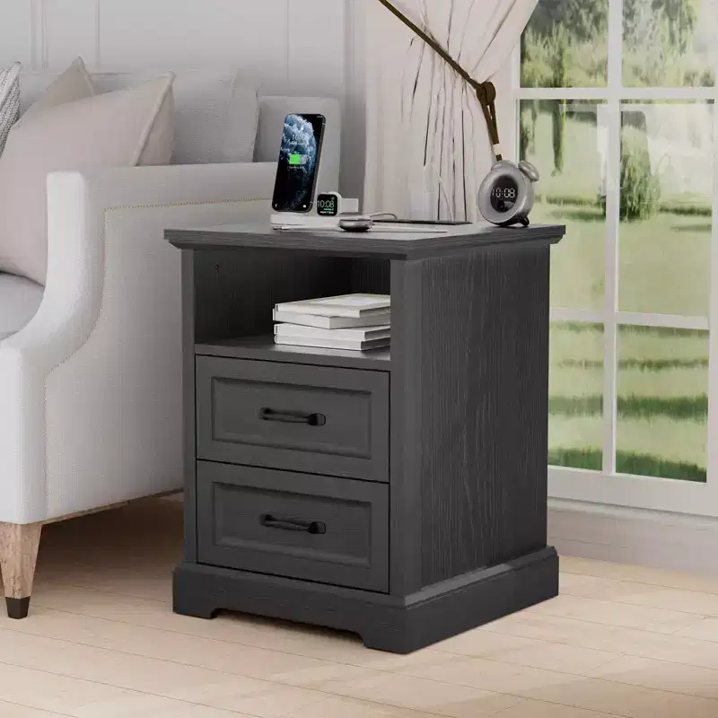 Hommpa Modern Rustic Bedside Table Nightstand with Charging Station, 2 Drawers & Storage