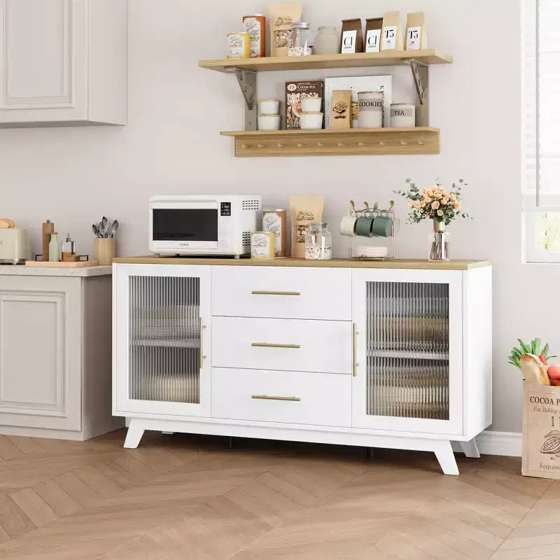 56 Inch Buffet Cabinet Sideboard with Fluted Glass Doors and Gold Handles, Coffee Bar Cabinet with Adjustable Shelves for Dining and Living Room