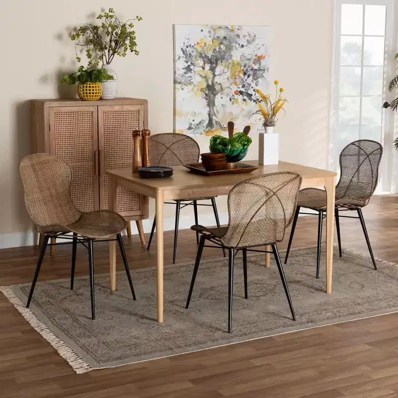 Baxton Studio Sabelle Japandi Wood and Rattan 5-Piece Dining Set