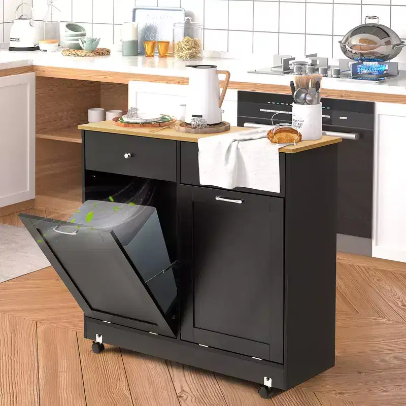 EROMMY Double Tilt Trash Cabinet with 2 Drawers, Trash Cabinet with Storage on Wheels, Black