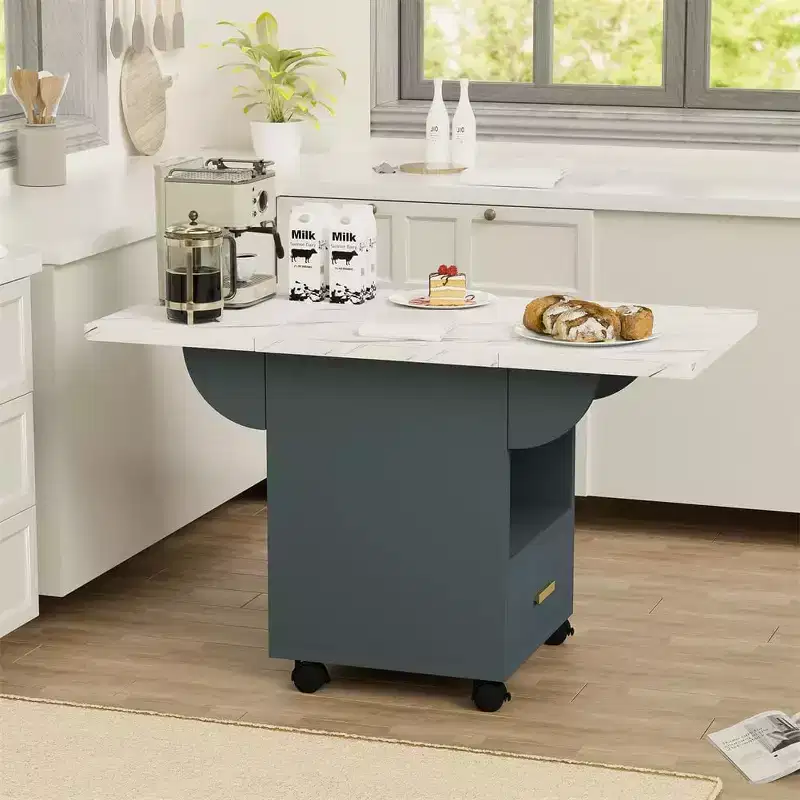 Multi-Functional Folding Table with Marble Texture, Rolling Kitchen Island Cart with Storage Drawer & Shelf, Mobile Computer Desk for Small Space