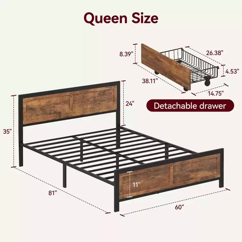 Queen Size Storage Bed Frame with 4 Drawers, Wood Headboard & Footboard, Heavy Duty Steel Slats, Noise Free, No Box Spring & Easy Assembly