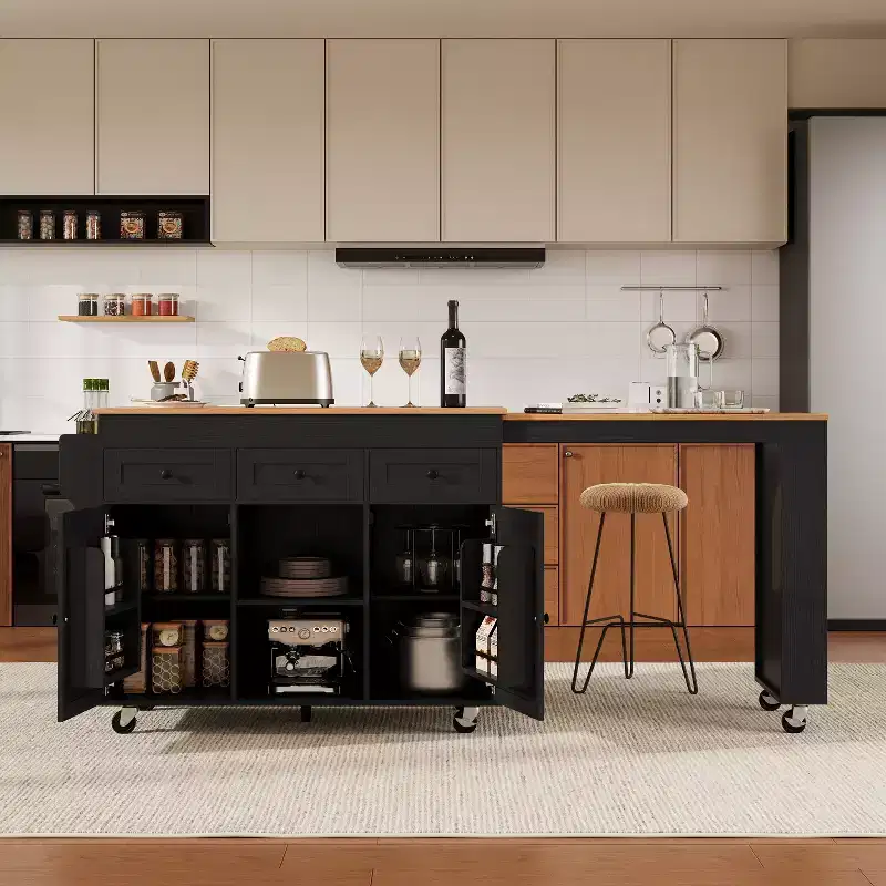 Bestier 85.5-Inch Rolling Kitchen Island with Extendable Dining Table, Power Outlet, 3 Drawers, 2 Doors and Side Open Shelves