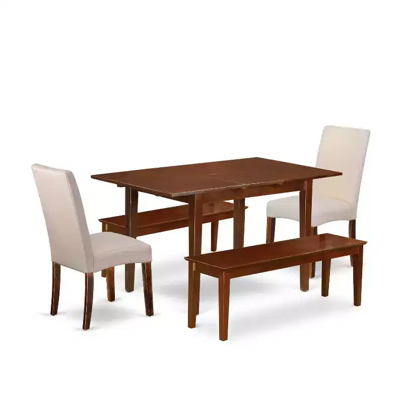 Rectangle Dining Set 7Pc Table & Chairs - Cream Linen Fabric, Mahogany Legs - Home Dining Room Furniture