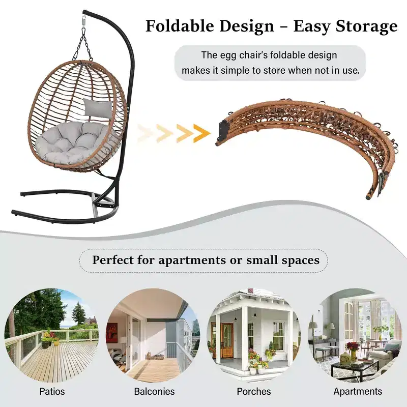 Whisen Single Person Folding Egg Chair with Stand, Hammock Swing Chair with Adjustable Anti-Slip Feet