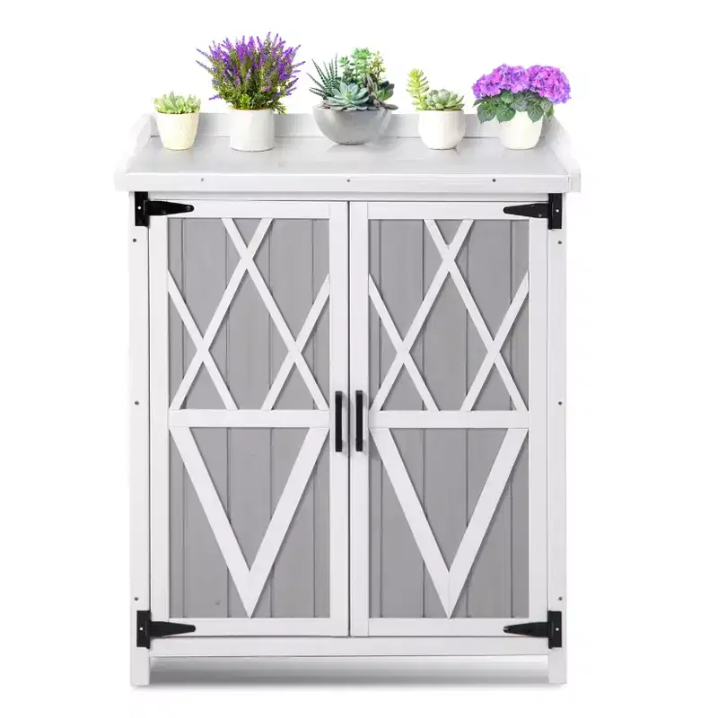 Waterproof Garden Workbench Storage Cabinet with 2 Removable Shelves, Galvanized Metal Tabletop, Indoor and Outdoor Use