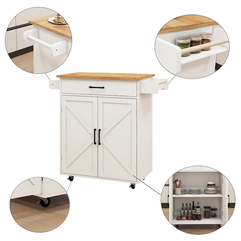 Kitchen Island Rolling Trolley Cart w/Adjustable Shelves,Wood Tabletop