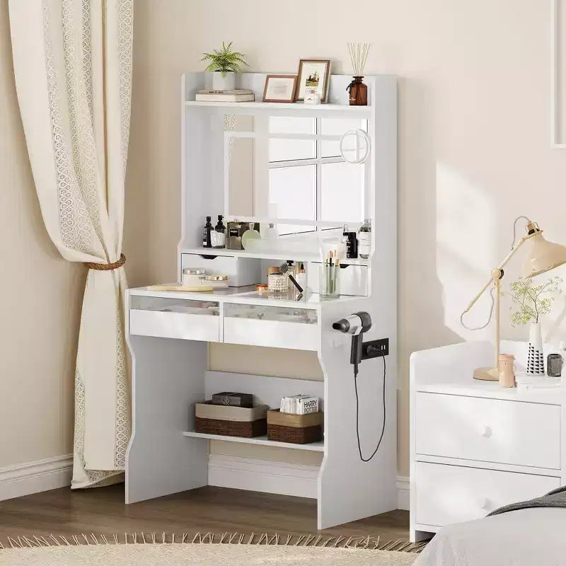 Dresser with Mirror Wooden Dresser - White Modern Vanity with LED Mirror, Power Outlet, 3 Lighting Modes, 4 Storage Drawers for Bedroom