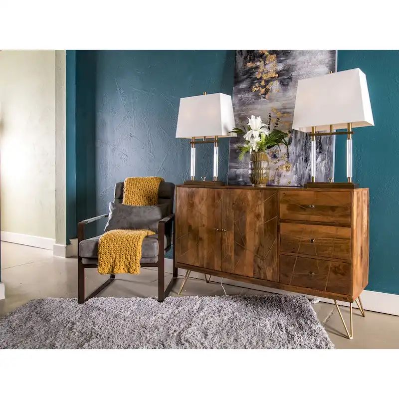 StyleCraft Sebastian Two Door, Three Drawer Credenza with Geometric Inlay Design and Hair Pin Legs