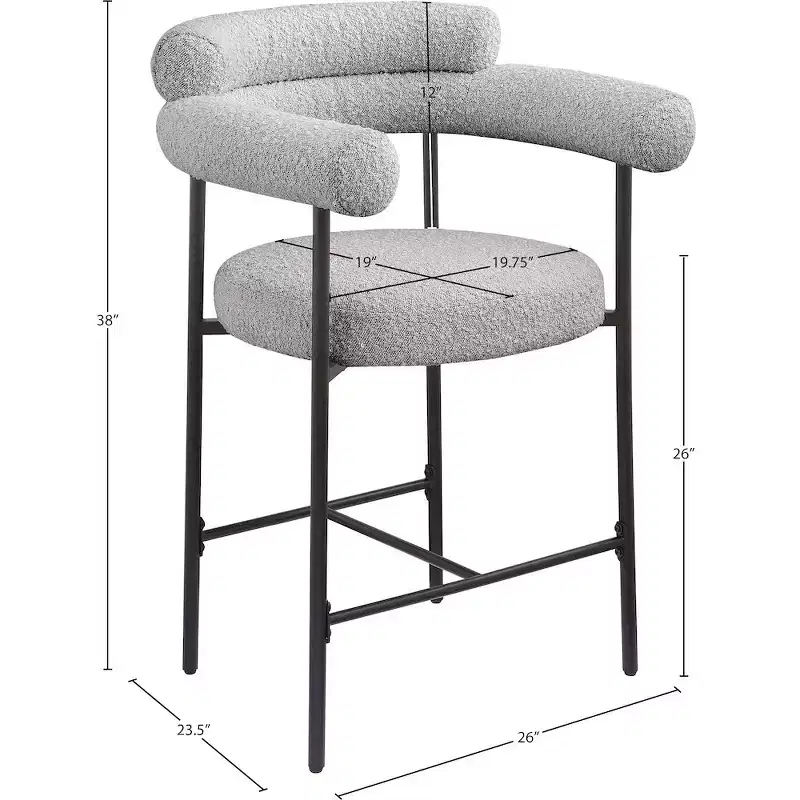 Meridian Furniture,Blake Grey Boucle Fabric Counter Stool, Set of 2
